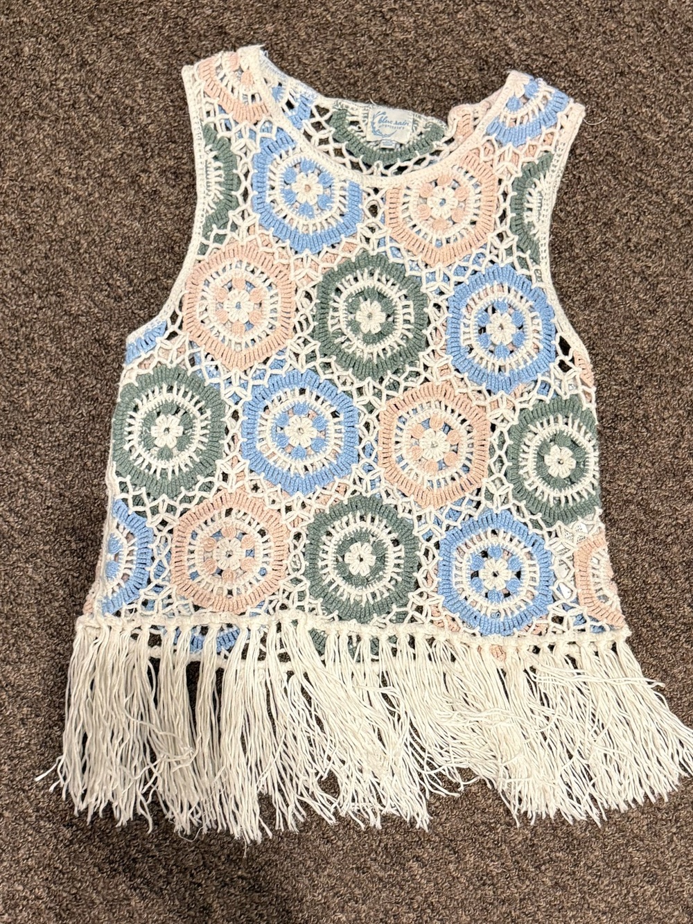 Blue Rain Crochet Fringe Tank Top in Cream with Pastel Blue, Peach, and Sage